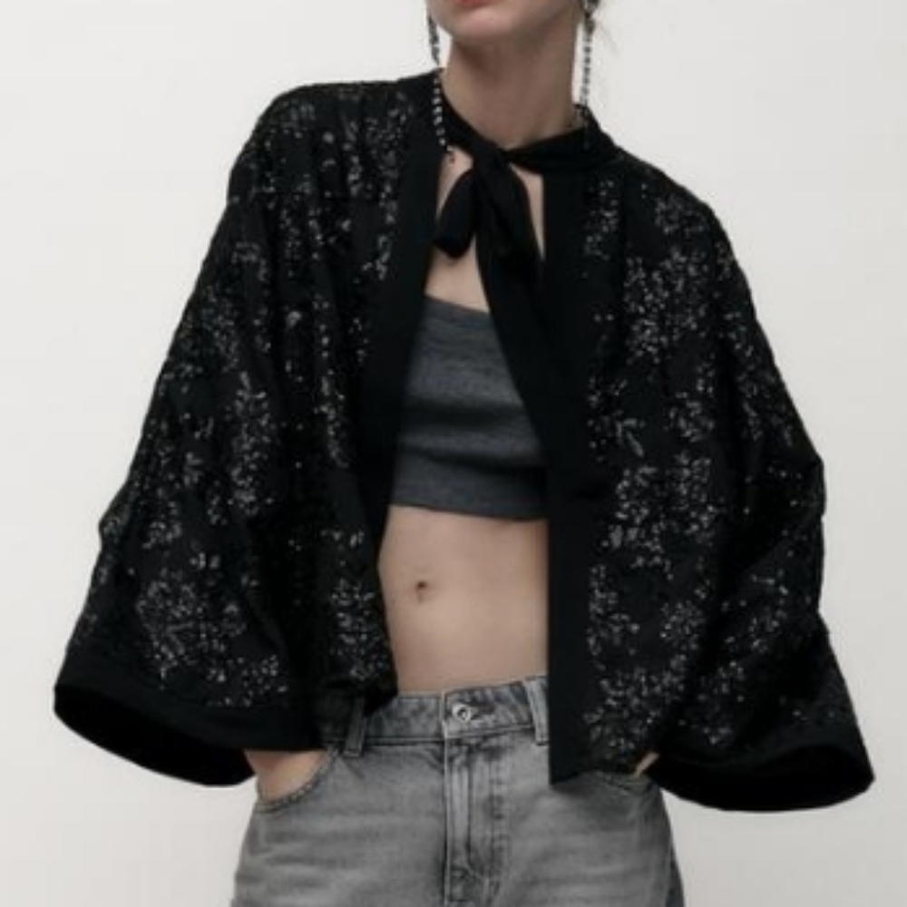 Zara Bow Sequins Oversized Kimono Jacket Sz-M